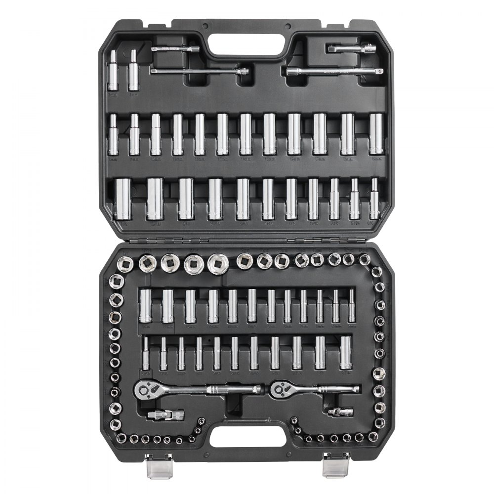 VEVOR Socket Set, 1/4" and 3/8" Drive Socket and Ratchet Set, 6-Point Socket Opening, 106 Pcs Tool Set SAE and Metric, Deep and Standard Sockets, 5/32-1 in, 5-19 mm, with Accessories, Storage Case - TTZ1061438SAEO0LVV0