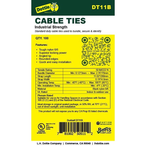 Dottie Cable Tie, 11 in L, 2.76 in Max Bundle Dia., Black, Nylon 6/6, 50 lb Strength, 100 PK - DT11B