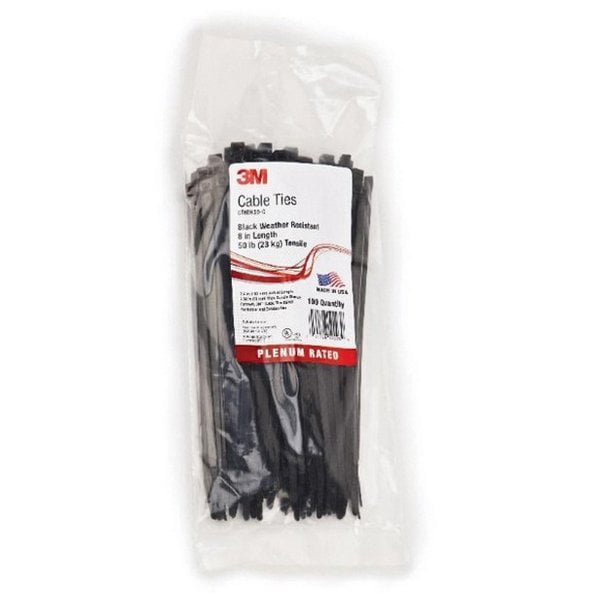 3M Cable Tie, 8 in L, 1-7/8 in Max Bundle Dia., Black, Nylon, 50 lb Strength, 100 PK - 7000031853