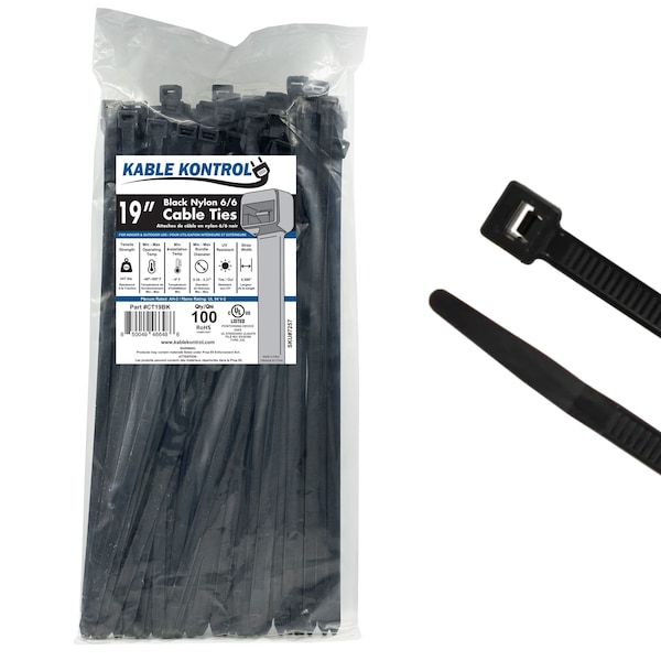 Kable Kontrol Cable Tie, 19 in L, 5 in Max Bundle Dia., Black, Nylon 6/6, 250 lb Strength, 100 PK - CT19BK