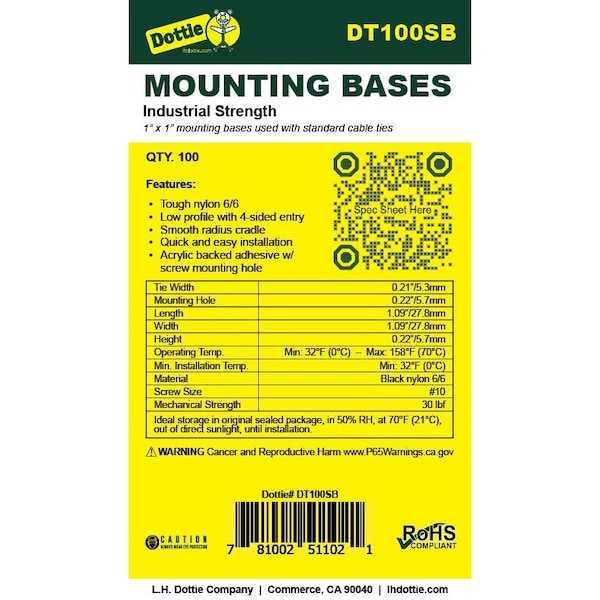 Dottie L.H. Dottie 1'' X 1'' UV Black Cable Tie Mounting Base, 100PK - DT100SB