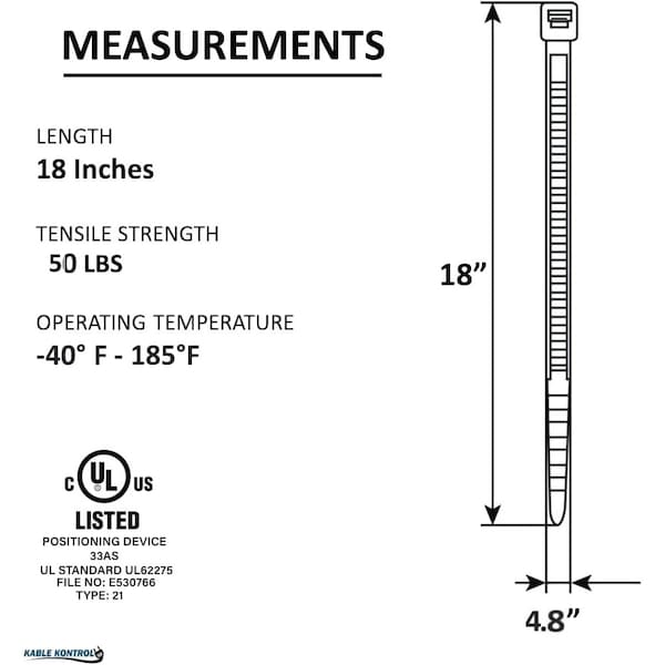 Kable Kontrol Black Zip Ties, 18in Inch L Heavy Duty, UV Resistant Nylon, 50 Lbs Tensile Strength, 100PK - CTUV-18-50-100-BK