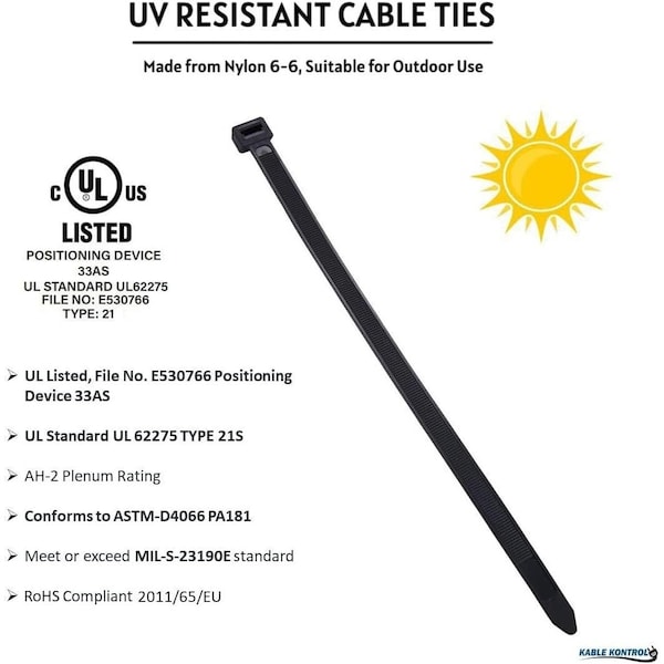 Kable Kontrol Black Zip Ties, 18in Inch L Heavy Duty, UV Resistant Nylon, 50 Lbs Tensile Strength, 100PK - CTUV-18-50-100-BK