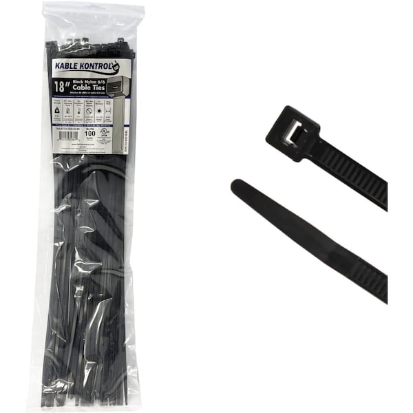 Kable Kontrol Black Zip Ties, 18in Inch L Heavy Duty, UV Resistant Nylon, 50 Lbs Tensile Strength, 100PK - CTUV-18-50-100-BK