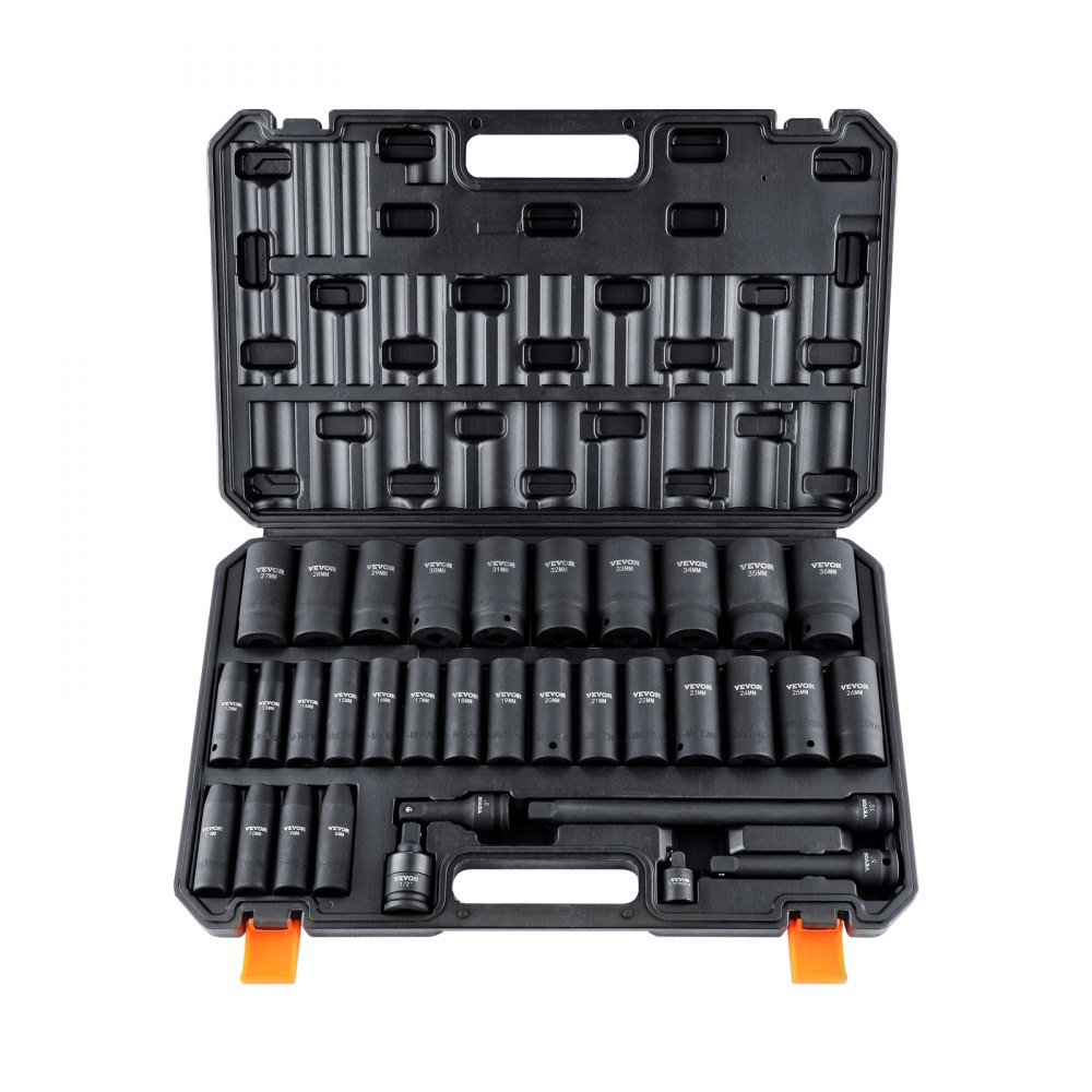 VEVOR 1/2" Drive Deep Impact Socket Set, 34pcs Socket Set Metric （8-36mm） 6 Point Cr-MO Alloy Steel for Auto Repair, Rugged Construction, Includes Heavy Duty Storage Case - CJTTZ12CRMO3448AJV0