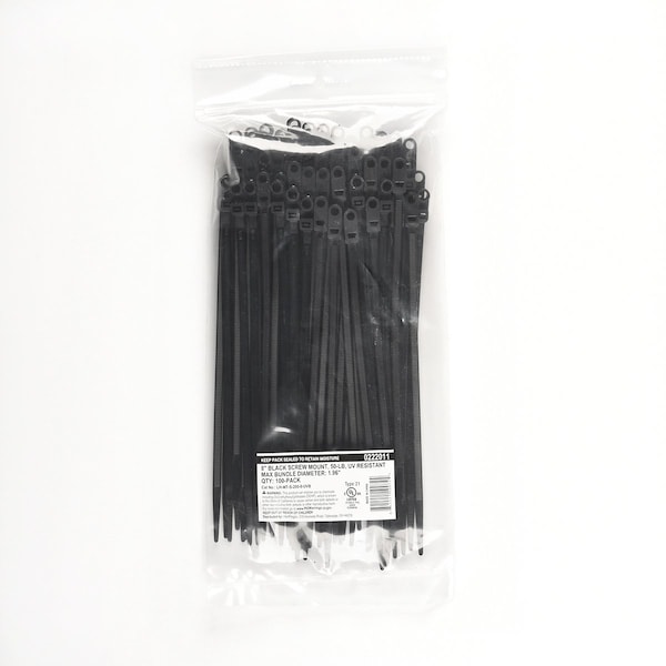 South Main Hardware Cable Tie, 8 in L, Black, 50 lb Strength, 100 PK - 222011