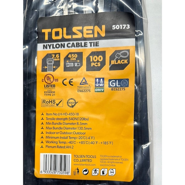 Tolsen Cable Tie, 17-1/2 in L, 130.5 mm Max Bundle Dia., Black, Nylon 6/6, 120 lb Strength, 100 PK - 50173