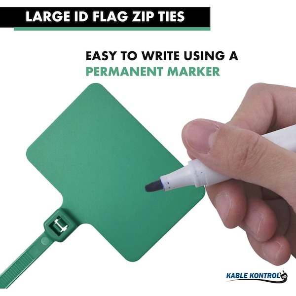 Kable Kontrol Write On Zip Tie Tags, 2in x 3in, Flag Top, 9in L, 80 Lbs Strength, Green, 100PK - CTWO-9-100-GN