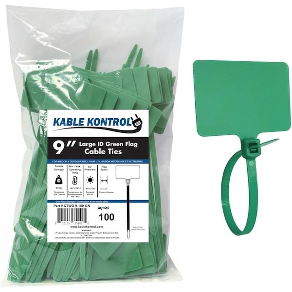 Kable Kontrol Write On Zip Tie Tags, 2in x 3in, Flag Top, 9in L, 80 Lbs Strength, Green, 100PK - CTWO-9-100-GN