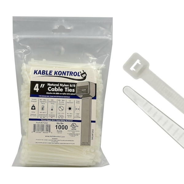 Kable Kontrol Cable Tie, 4 in L, 1 in Max Bundle Dia., Natural, Nylon 6/6, 18 lb Strength, 1000 PK - CT202