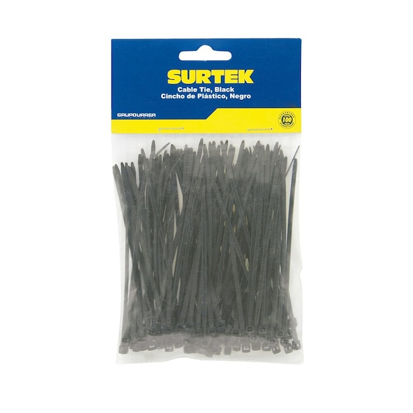 Surtek Cable Tie, 6-1/2 in L, Black, Plastic, 18 lb Strength - 114203