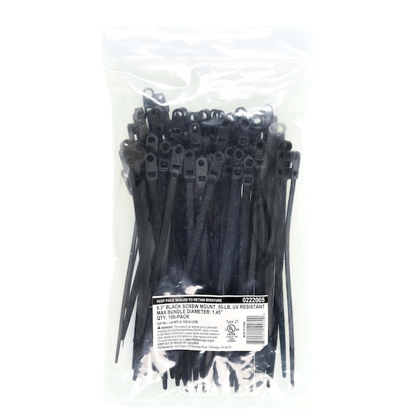 South Main Hardware Cable Tie, 6-1/2 in L, Black, 50 lb Strength, 100 PK - 222005