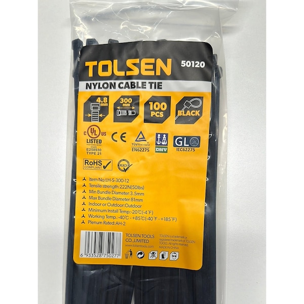 Tolsen Cable Tie, 12 in L, 81 mm Max Bundle Dia., Black, Nylon 6/6, 50 lb Strength, 100 PK - 50120