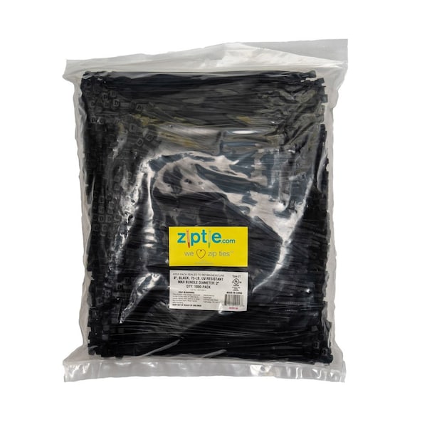 South Main Hardware Cable Tie, 8 in L, Black, Nylon, 75 lb Strength, 1000 PK - 220139
