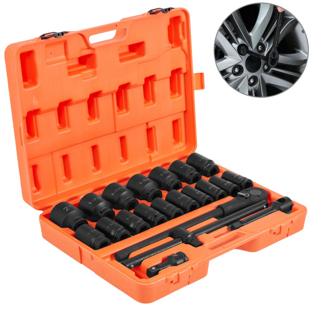 VEVOR Impact Socket Set 3/4 Inches 22 Piece Deep Impact Sockets, Socket Assortment 3/4 Inches Drive Socket Set Impact Standard SAE Sizes 7/8 Inches to 2 Inches Includes Adapters and Ratchet Handle - TT22PCCJTT0000001V0