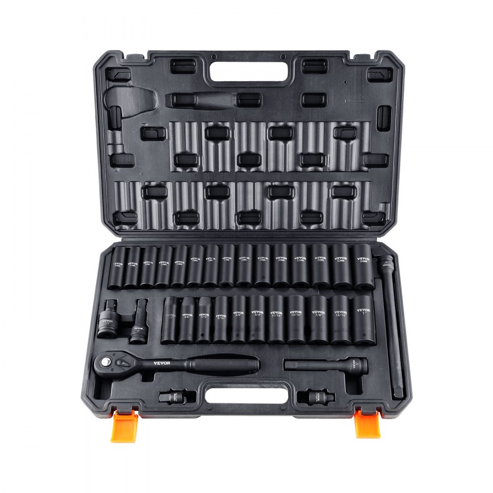 VEVOR 1/2" Drive Impact Socket Set, 33 Piece Socket Set SAE 3/8"-1" and Metric 10-24mm, 6 Point Cr-V Alloy Steel for Auto Repair, Easy-to-Read Size Markings, Rugged Construction, Includes Storage Case - CJT12SAECRV33R6O6V0