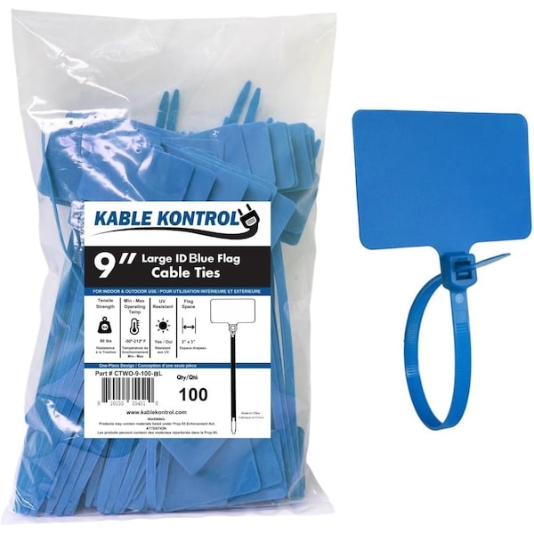 Kable Kontrol Write On Zip Tie Tags, 2in x 3in, Flag Top, 9in L, 80 Lbs Strength, Blue, 100PK - CTWO-9-100-BL