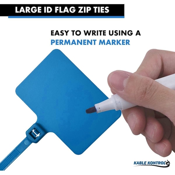 Kable Kontrol Write On Zip Tie Tags, 2in x 3in, Flag Top, 9in L, 80 Lbs Strength, Blue, 100PK - CTWO-9-100-BL