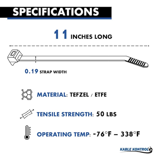 Kable Kontrol ETFE Tefzel Cable Zip Ties, 11 inch, 50lbs, 100PK - KKTF-11-50-100