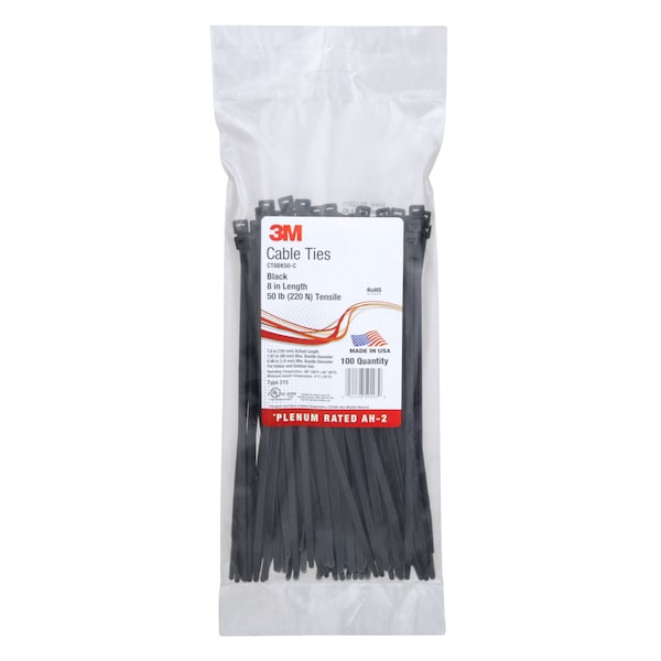 3M Cable Tie, 8 in L, 1-7/8 in Max Bundle Dia., Black, Nylon 6/6, 50 lb Strength, 1000 PK - CT8BK50-C
