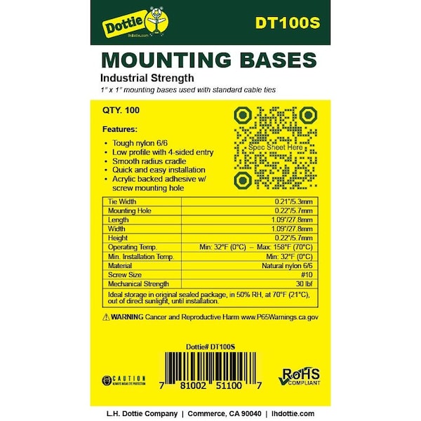 Dottie L.H. Dottie 1'' X 1'' Natural Cable Tie Mounting Base, 100PK - DT100S
