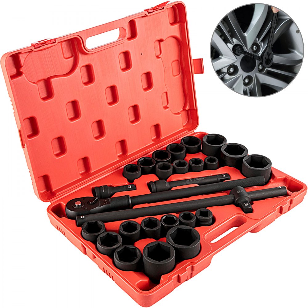 VEVOR Impact Socket Set 3/4 Inches 27 Piece Standard Impact Sockets, Socket Assortment, 3/4 Inches Drive Socket Set Impact Standard SAE (7/8 Inches to 2 Inches) & Metric Sizes (22 mm-50 mm) - TT27PCCJTT0000001V0