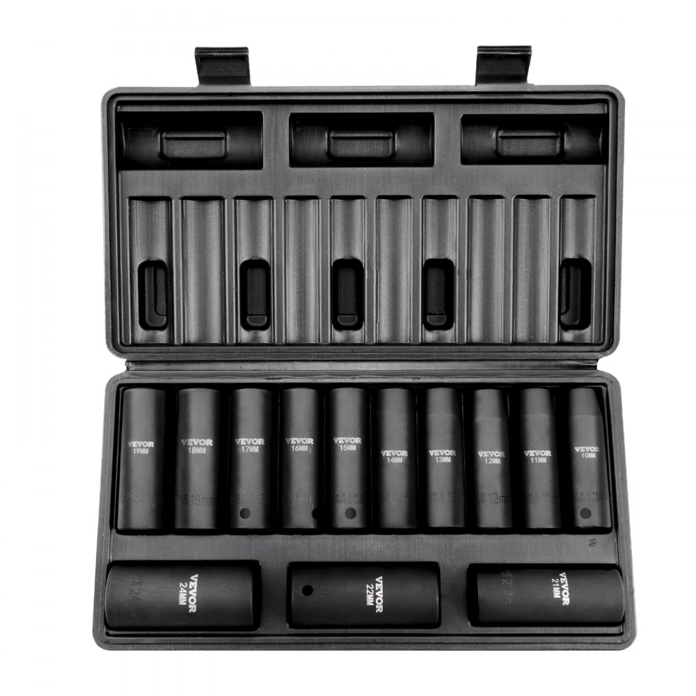 VEVOR 1/2" Drive Impact Socket Set, 13 Piece Deep Socket Set Metric 10-24mm, 6 Point CR-V Alloy Steel for Auto Repair, Easy-to-Read Size Markings, Rugged Construction, Includes Storage Case - CJTTZJ12CRV13FHOHV0