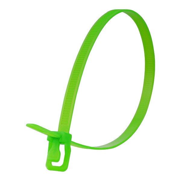 Retyz Reusable Cable Ties, 8 in L, 55 mm Max Bundle Dia., Fluorescent Green, Nylon 6/6, 120 lb Strength - WKT-S08FG-TA