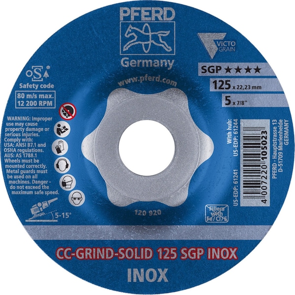 Pferd 61241 5 pulgadas CC Grind Solid 7/8 pulgadas A.H. - SGP INOX Victograin-Cool - 61241-PFERD