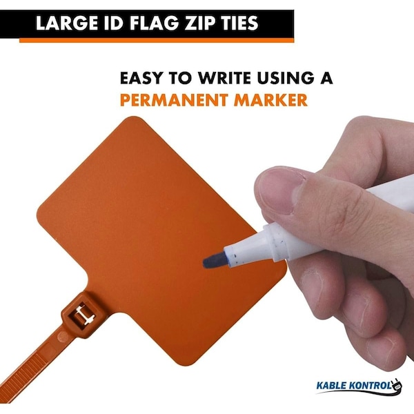 Kable Kontrol Write On Zip Tie Tags, 2in x 3in, Flag Top, 9in L, 80 Lbs Strength, Orange, 100PK - CTWO-9-100-OR