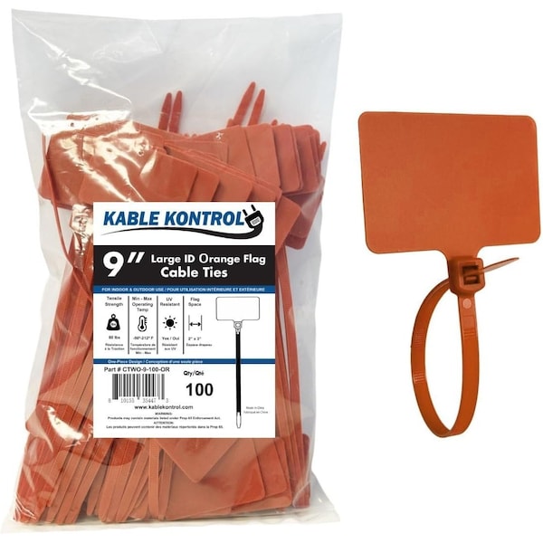 Kable Kontrol Write On Zip Tie Tags, 2in x 3in, Flag Top, 9in L, 80 Lbs Strength, Orange, 100PK - CTWO-9-100-OR