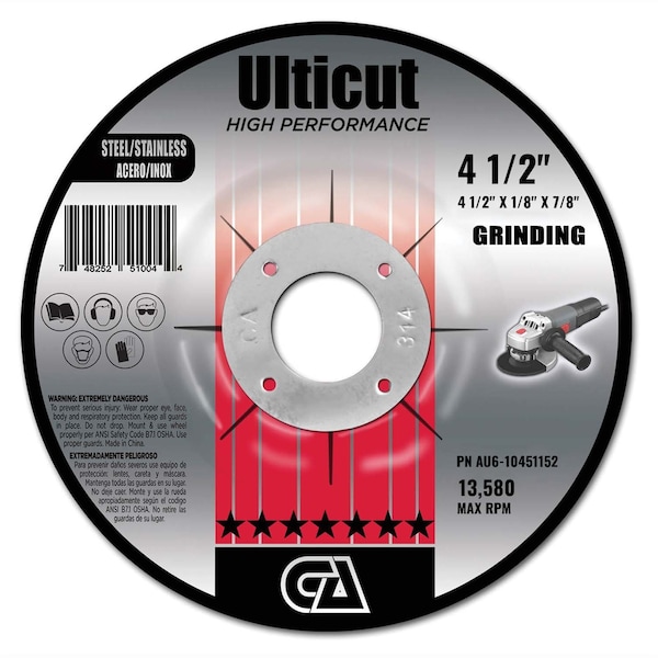 Rueda de corte y rectificado y muesca de centro deprimido Ulticut T27 de Abrasivos Continentales de 4-1/2" x 1/8" x 7/8" - AU6-10451152