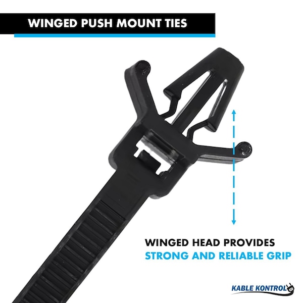 Kable Kontrol Winged Push Mount Cable Zip Ties, 6 in L, 1.19 in Max Bundle Dia., Black, Nylon 6-6, 100 PK - WPMT-06-50-100-BK