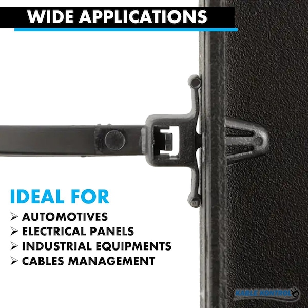 Kable Kontrol Winged Push Mount Cable Zip Ties, 6 in L, 1.19 in Max Bundle Dia., Black, Nylon 6-6, 100 PK - WPMT-06-50-100-BK