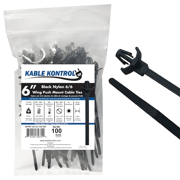 Kable Kontrol Winged Push Mount Cable Zip Ties, 6 in L, 1.19 in Max Bundle Dia., Black, Nylon 6-6, 100 PK - WPMT-06-50-100-BK