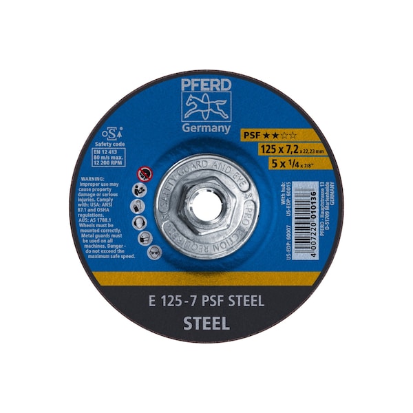 Rueda de rectificado Pferd de 5" x 1/4, rosca de 5/8-11 - PSF ACERO - Tipo 27 - 60015
