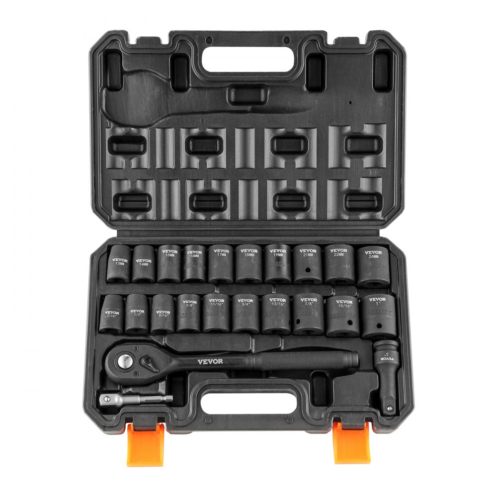 VEVOR 1/2" Drive Impact Socket Set, 23 Piece Socket Set SAE （7/16" -1"）& Metric （13-24mm）6 Point Cr-V Alloy Steel for Auto Repair with Ratchet Handle Rugged Construction Storage Case - CJT12SAECRV231T38V0