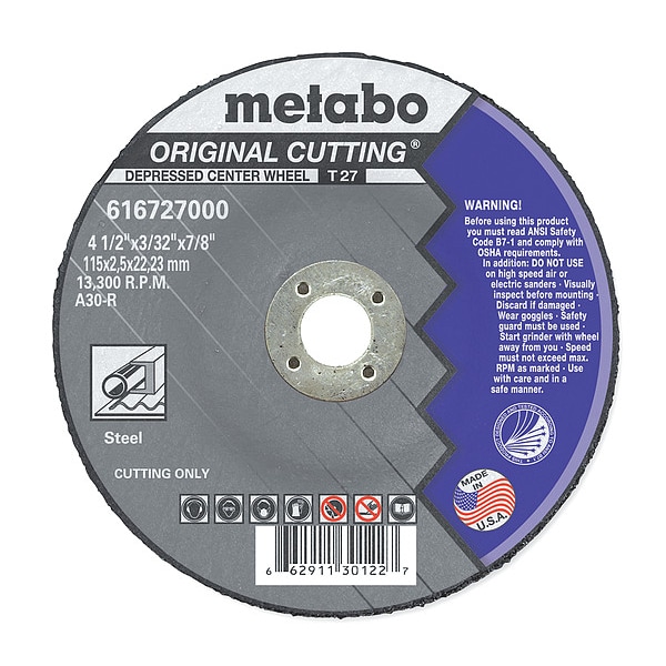 Rueda de corte Metabo, T27, A30R, 4.5"X3/32"X7/8" - US616727000