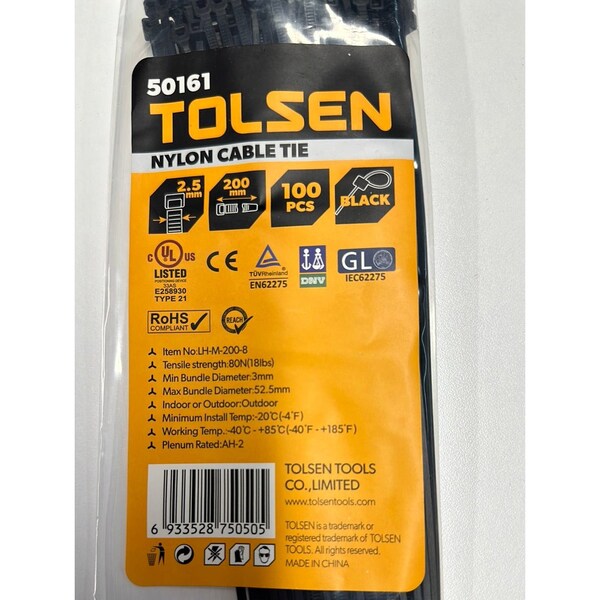 Tolsen Cable Tie, 8 in L, 52.5 mm Max Bundle Dia., Black, Nylon 6/6, 18 lb Strength, 100 PK - 50161