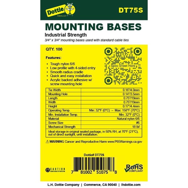 Dottie L.H. Dottie 3/4'' X 3/4'' Natural Cable Tie Mounting Base, 100PK - DT75S