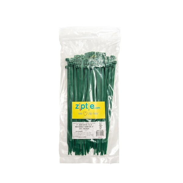 South Main Hardware Cable Tie, 8 in L, Dark Green, Nylon, 75 lb Strength, 100 PK - 220144