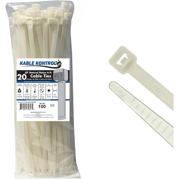 Kable Kontrol Clear Zip Ties, 20in Inch L Extra Heavy Duty, Natural Nylon, 300 Lbs Tensile Strength, 100PK - CT-20-300-100-NT