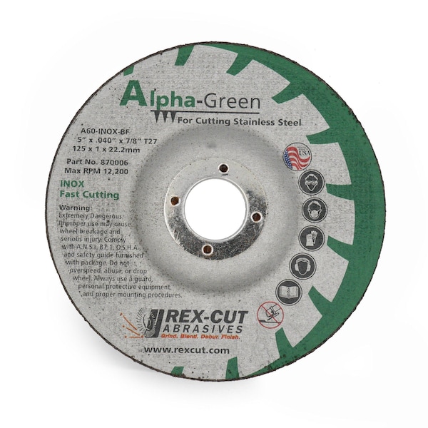 Rueda de corte Rex Cut Alpha Green de 5 pulgadas x .040 pulgadas x 7/8 pulgadas T27 Alpha Green - 870006