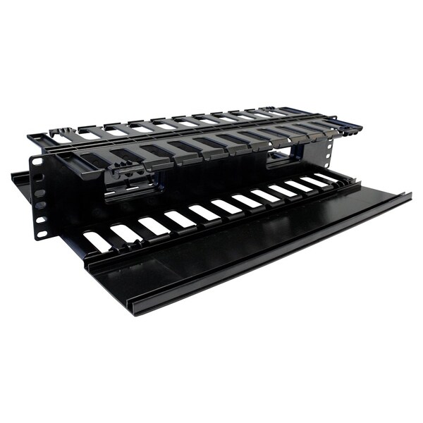 Quest Mfg Horizontal Dual Large Finger Duct With Hinged Covers, 140-190 Cables, 2U, 19", Black - HF19-02-190DH