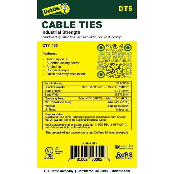 Dottie Cable Tie, 6-1/2 in L, 1.57 in Max Bundle Dia., Natural, Nylon 6/6, 18 lb Strength, 100 PK - DT5