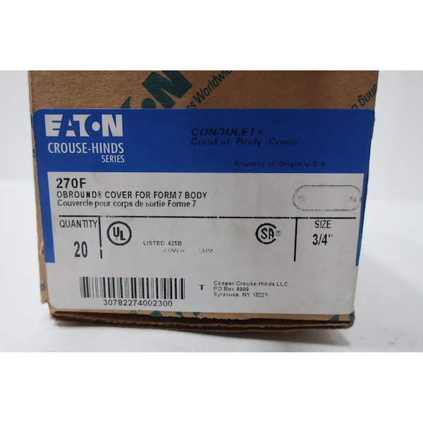 Crouse Hinds OBROUND BOX OF 20 COVER FOR FORM 7 BODY CONDUIT PARTS AND ACCESSORY, 20PK - 270F