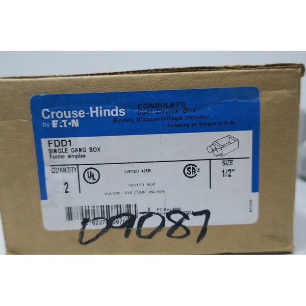 Crouse Hinds SINGLE GANG BOX 1/2IN CONDUIT OUTLET BODIES AND BOX, 2PK - FDD1