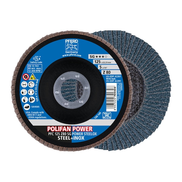 Disco de láminas Pferd 5" x 7/8" A.H. POLIFAN® - Z SG POWER STEELOX, Óxido de circonio, 80 Granos, Cónico - 62261