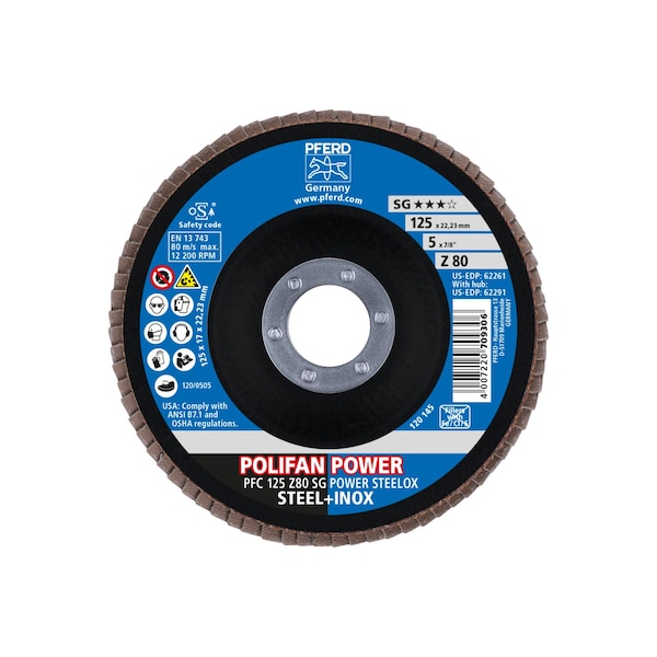 Disco de láminas Pferd 5" x 7/8" A.H. POLIFAN® - Z SG POWER STEELOX, Óxido de circonio, 80 Granos, Cónico - 62261