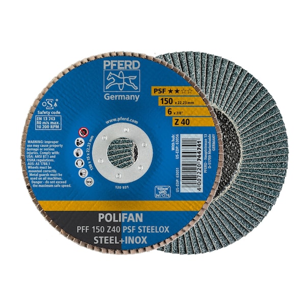 Disco de láminas POLIFAN® Pferd 6" x 7/8" A.H. - Z PSF STEELOX, Zirconia, 40 Granos, Plano - 63051.